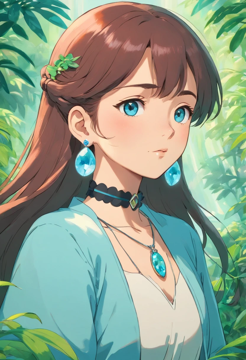 a girl wearing an anime collar, a long necklace and earrings, in the style of tranquil gardenscapes, colorful animation stills, masami teraoka, aquamarine, paul gauguin, Embry style, honest portrayal