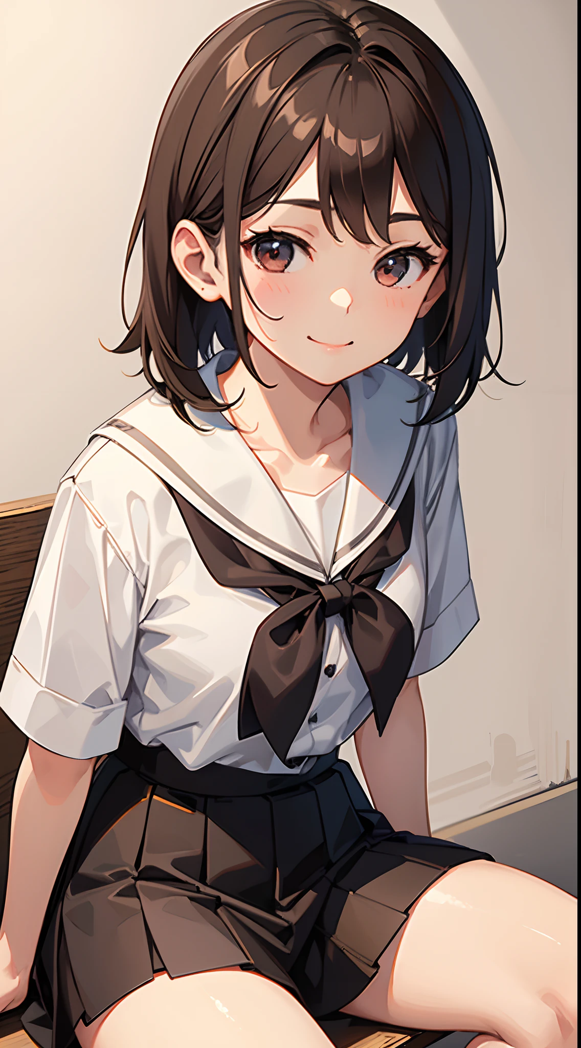 1 girl 19 years old, short brown hair, eyes closed, wearing a white Japanese school shirt, wearing short brown skirt, shy smile, surprised face, upper body, sitting, from the front, brown background, extremely detailed, best graphics, 8k, ultrasharp, masterpiece