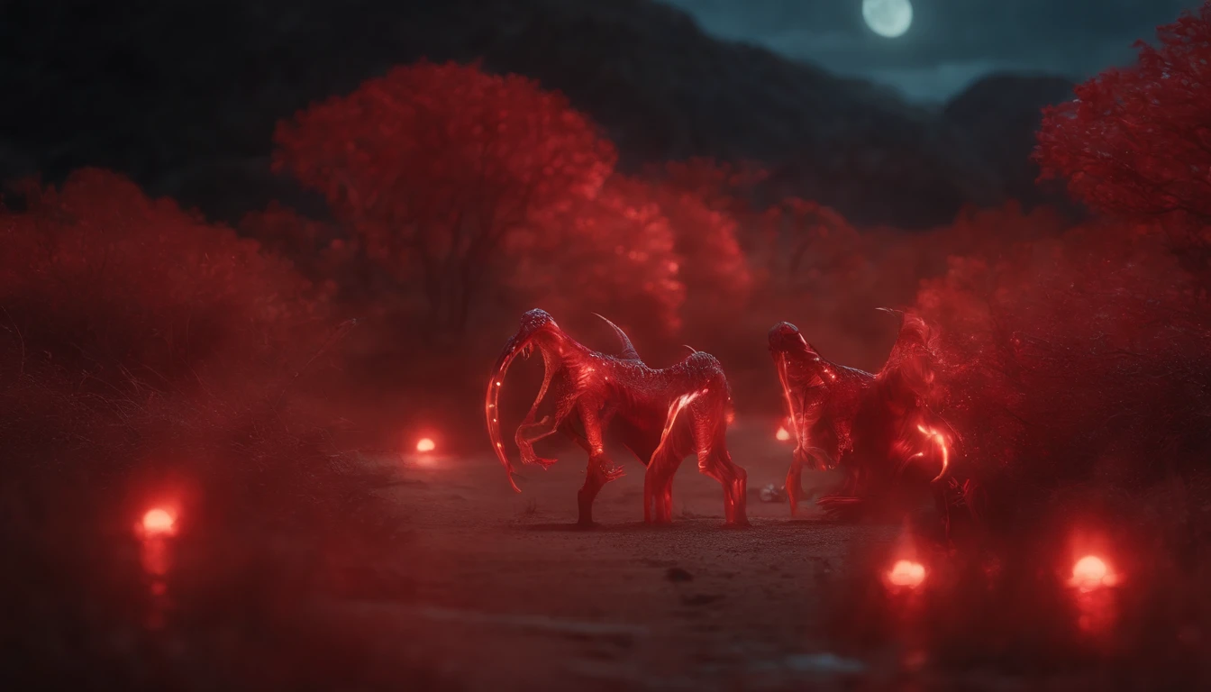 Transparent ethereal alien creatures,Glowing red,Glow effects,the night,中景 the scene is,Full body like, highly detailed surreal vfx,oc rendered,Shot with 70 mm - AR 16:9 --q 2 --s 1000