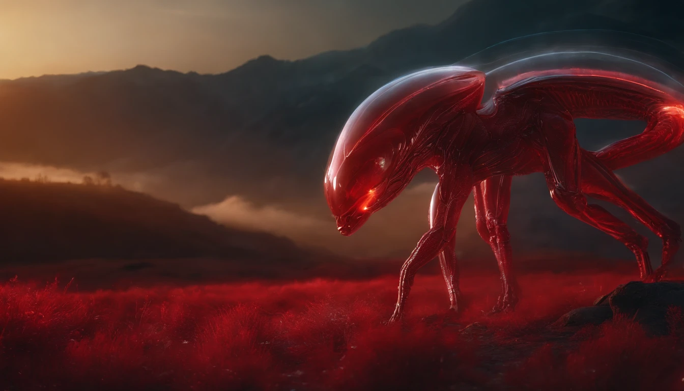 Transparent ethereal alien creatures，Glowing red，Glow effects，the night，中景 the scene is，Full body like， highly detailed surreal vfx，oc rendered，Shot with 70 mm - AR 16:9 --q 2 --s 1000
