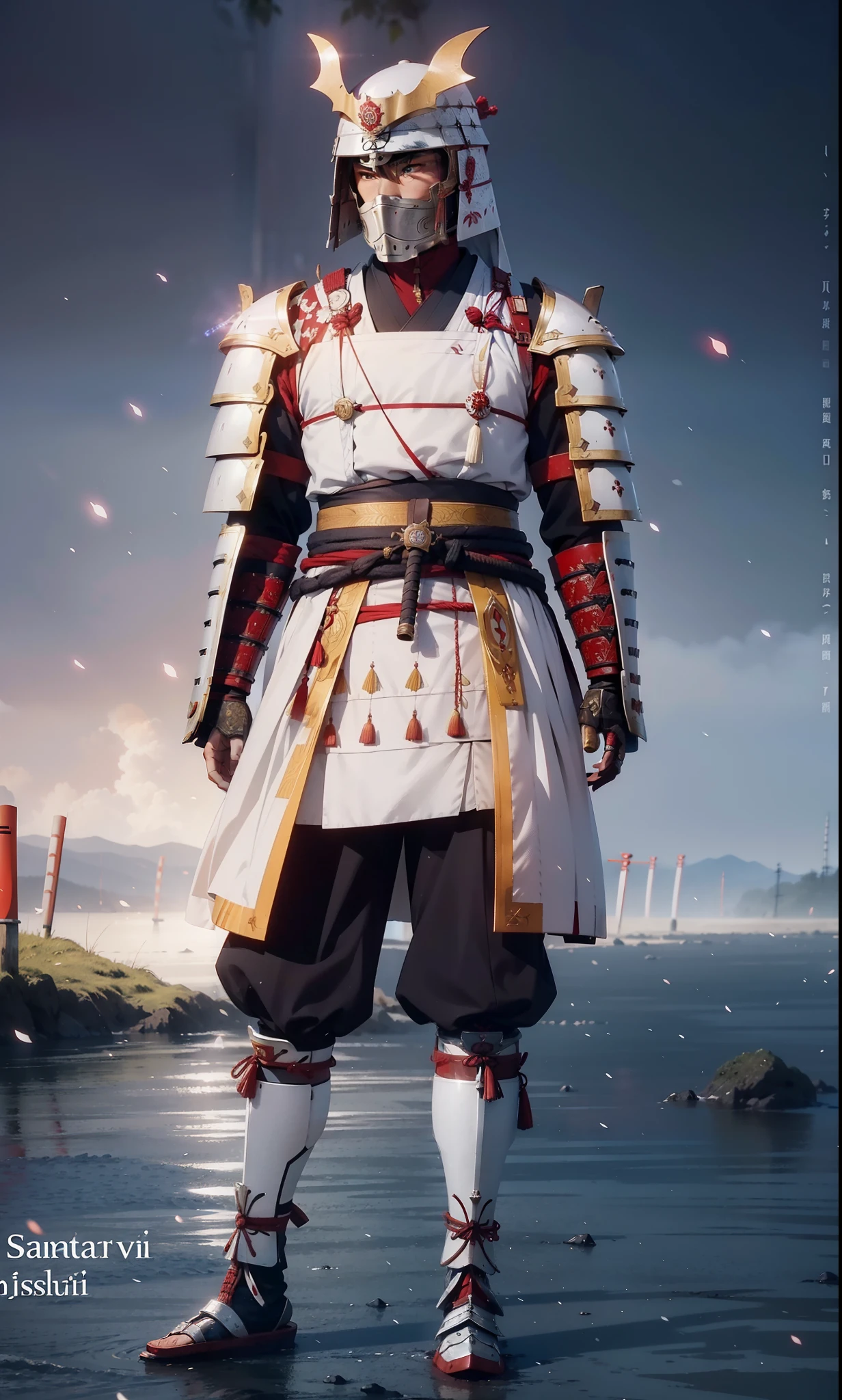 Japan samurai in armor、Highest bit、Highly detailed armor、reddish、ck、Highly detailed background,Realistic,ultra-detailliert,super detailed skin,light glow,Film grain,Expro II,Lens Flare,Sharpen,cinematic shadow