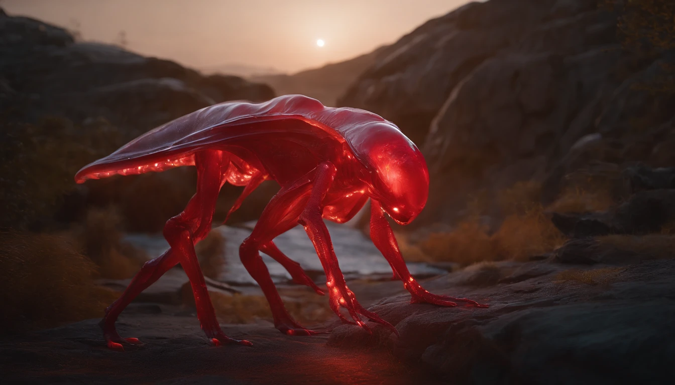 Transparent ethereal alien creatures,Glowing red,Glow effects,the night,中景 the scene is,Full body like, highly detailed surreal vfx,oc rendered,Shoot with 70 mm - AR