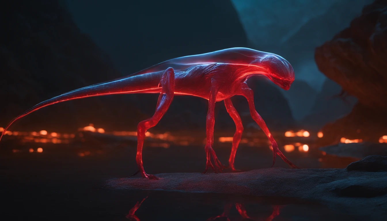 Transparent ethereal alien creatures，Glowing red，Glow effects，the night，中景 the scene is，Full body like， highly detailed surreal vfx，oc rendered，Shoot with 70 mm - AR