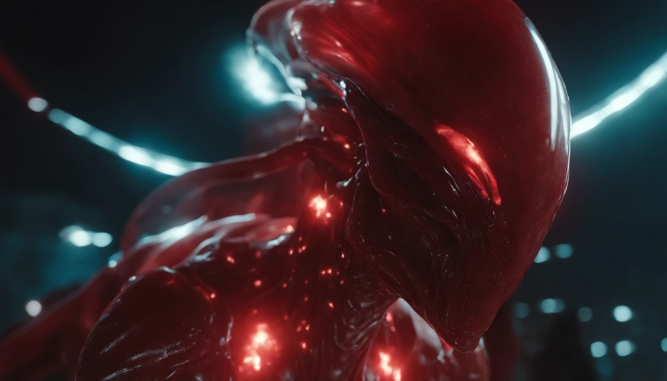 Transparent ethereal alien creatures，Glowing red，Glow effects，the night，中景 the scene is，Full body like， highly detailed surreal vfx，oc rendered，Shoot with 70 mm - AR