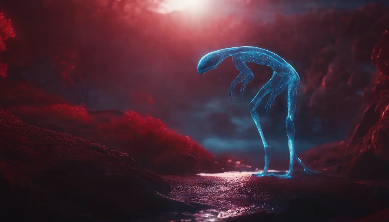 Transparent ethereal alien creatures,Glowing red,Glow effects,the night,中景 the scene is,Full body like, highly detailed surreal vfx,oc rendered,Shoot with 70 mm - AR