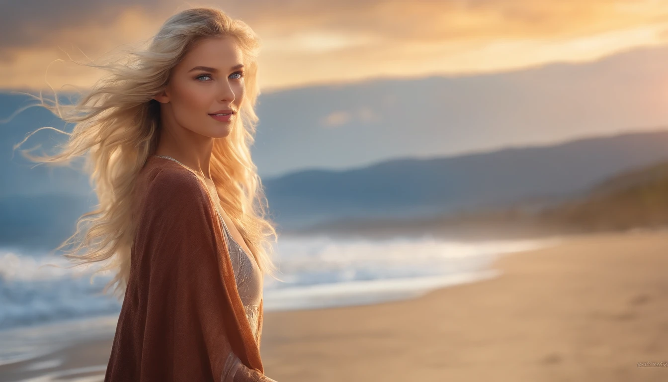 Beautiful women, The wind blows blonde, Glowing blue eyes, Realistic, Masterpiece, high detal, 4K, Beach background, High detail light, lite smile, White skin