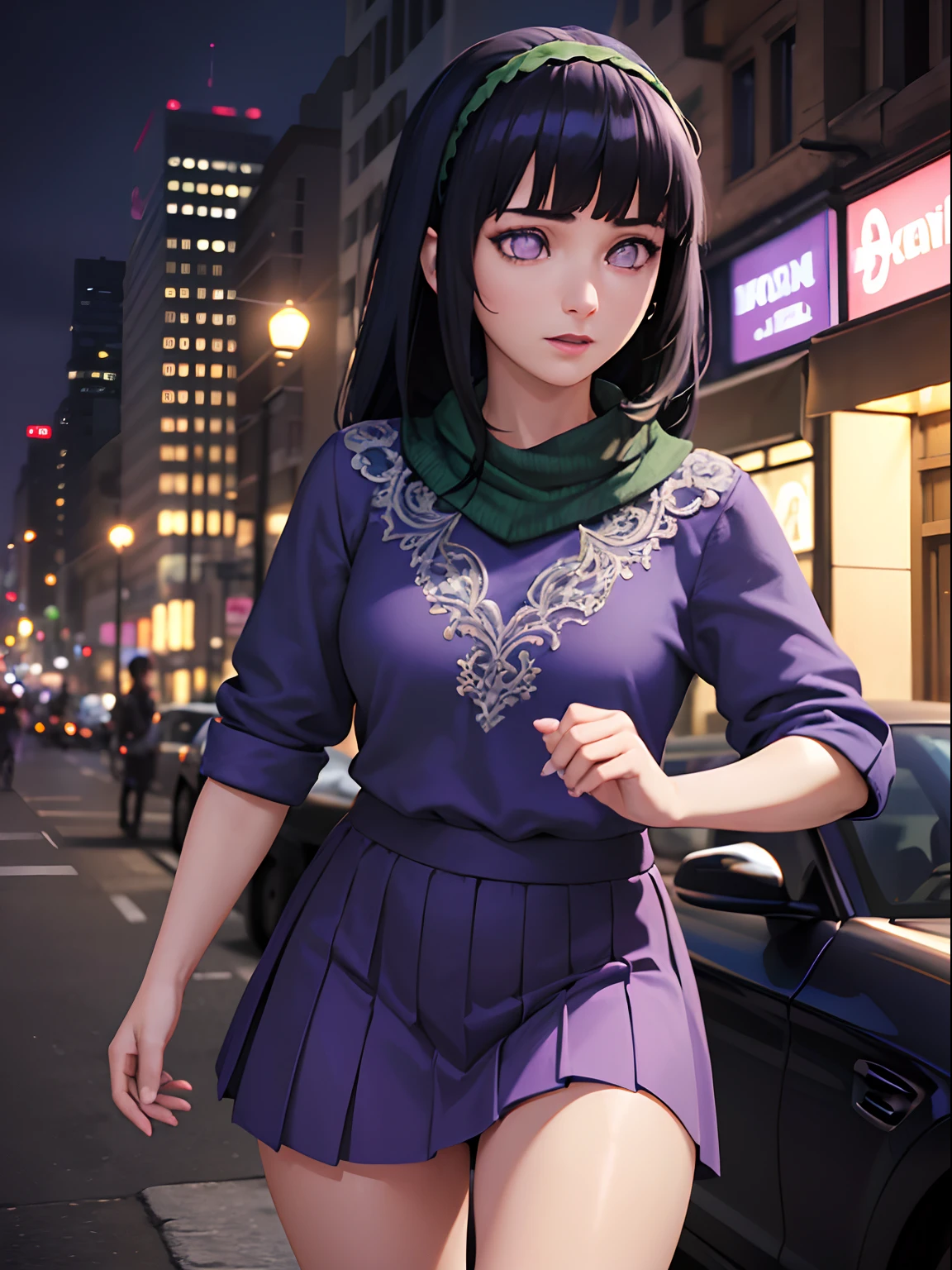 (realistic:1.3), insane detailed, quality, (masterpiece:1.2), (photorealistic:1.2), (best quality), (detailed skin:1.3), (intricate details), ray tracing, ((half body)), (((1girl))), (((1 person))), Daphne, 20 years old, dark blue hair, green shawl, purple t-shirt, purple pleated skirt, hair band, (night background),Bangs, purple eyes