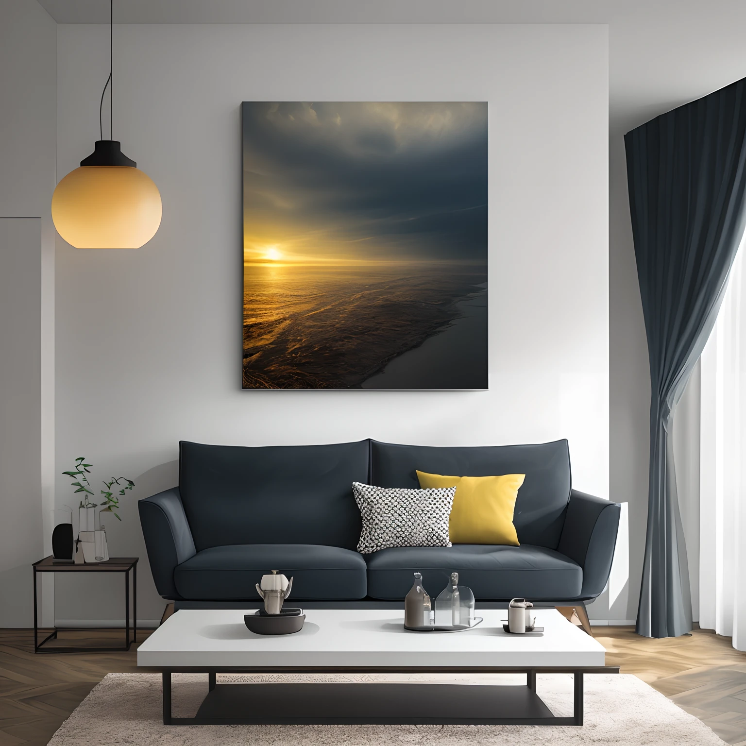 Living room mockup for wall art, realistic, bright.