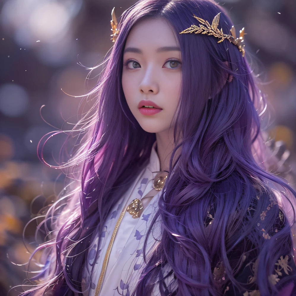 Genki Girl 32K（tmasterpiece，k hd，hyper HD，32K）Long flowing bright purple hair，Autumn Pond，zydink， a color，  Asian people （Genki girl）， （Silk scarf）， Combat posture， looking at the ground， long whitr hair， Floating bright purple， Fire cloud pattern gold tiara， Chinese long-sleeved gold silk garment， （Abstract metaverse splash：1.2）， white backgrounid，Lotus vitality protector（realisticlying：1.4），Bright purple hair，Smoke on the road，The background is pure， A high resolution， the detail， RAW photogr， Sharp Re， Nikon D850 Film Stock Photo by Jefferies Lee 4 Kodak Portra 400 Camera F1.6 shots, Rich colors, ultra-realistic vivid textures, Dramatic lighting, Unreal Engine Art Station Trend, cinestir 800，A girl with long flowing bright purple hair