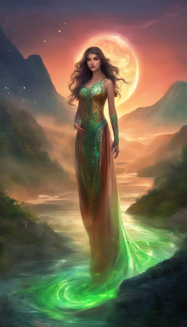 Costume, Long hair, Girl, Big eyes, Green Mountains and Green Water,Transparent ethereal alien creatures,Glowing red,Glow effects,the night,中景 the scene is,Full body like, highly detailed surreal vfx,oc rendered,Shoot with 70 mm - AR