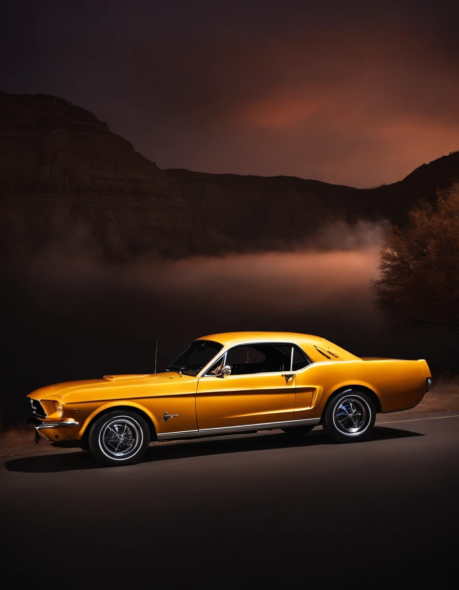 A photo of a muscle car, vintage ford mustang, colorful