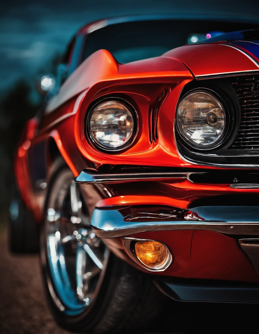 A photo of a muscle car, vintage ford mustang, colorful