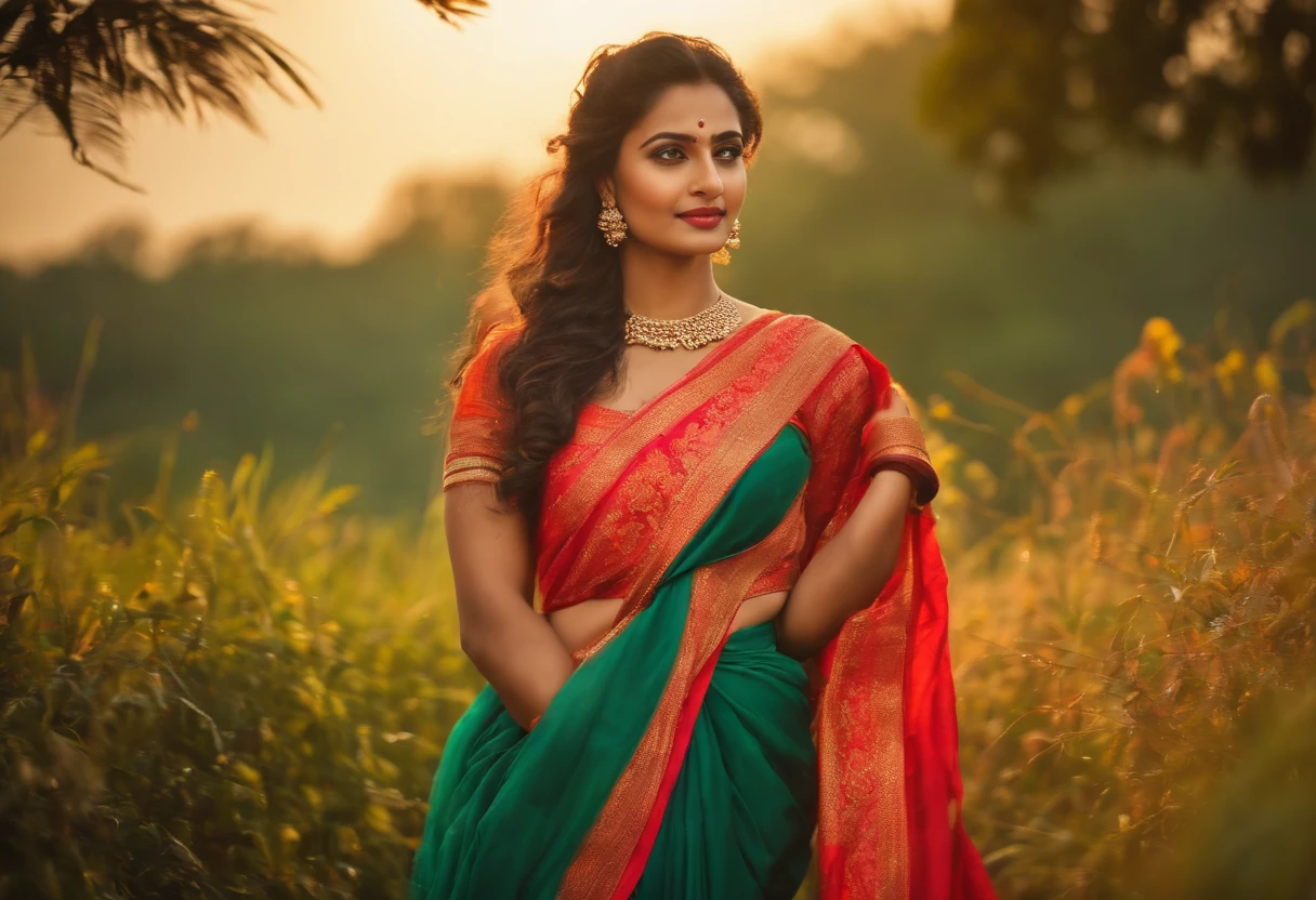 Beautiful saree with gajrey in hair, open eyes, background not blurred, sunlight scene, evening time, ultra 8K result, beautiful body, full body, full body view, ful body scene,