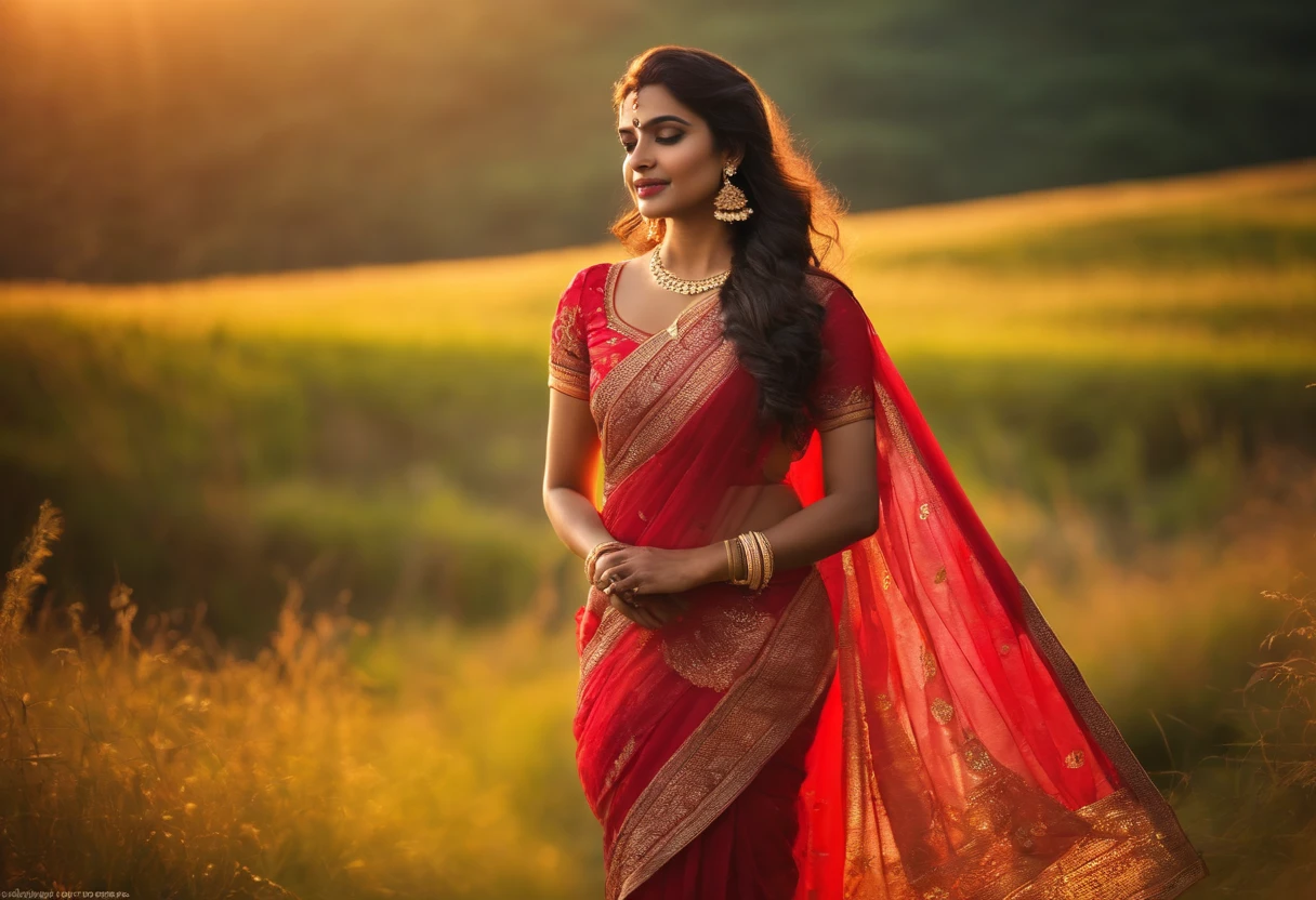 Beautiful saree with gajrey in hair, open eyes, background not blurred, sunlight scene, evening time, ultra 8K result, beautiful body, full body, full body view, ful body scene,