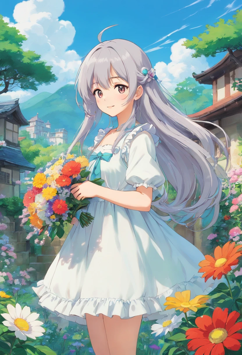 (masterpiece、top-quality、illustratio、Extremely high quality、high-level image quality、Extremely sensitive writing)Girl with long silver hair standing in beautiful flowery garden、A slight smile、She has a large bouquet、Cute national costume style dress with ruffles on the shoulders、Hair fluttering in the wind