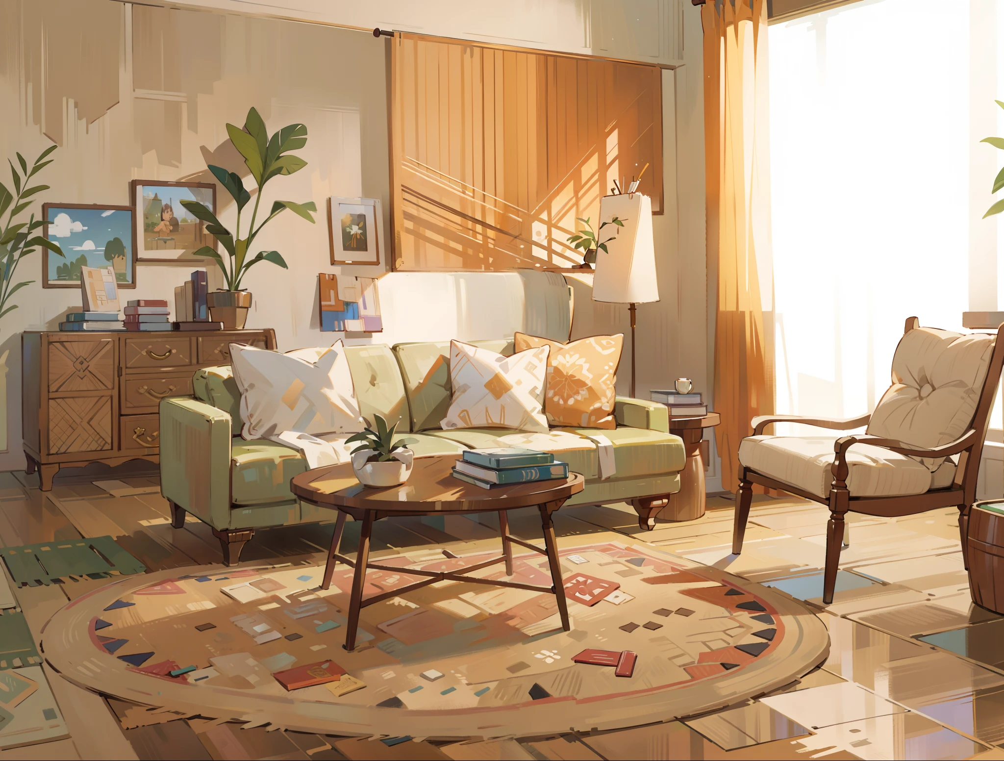 best quality,4k,8k,highres,masterpiece:1.2,ultra-detailed,realistic:1.37,illustration,cozy living room,comfortable sofa,detailed textures,soft lighting,spacious and airy,bookshelf,artistic paintings,patterned rug,coffee table with magazines,large window with curtains,green plants,wooden flooring,vivid colors,peaceful ambiance