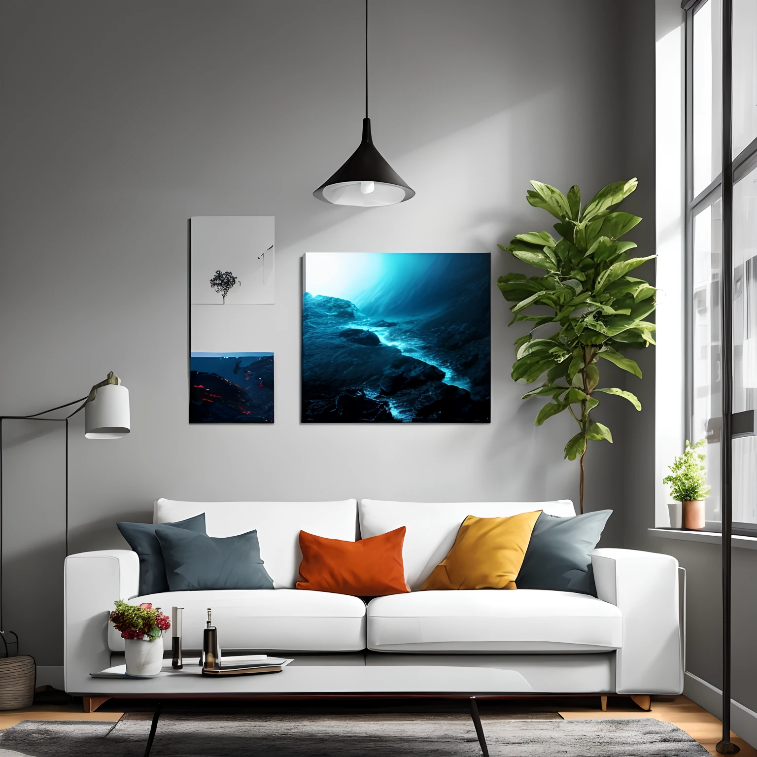 Living room mockup for wall art, realistic, bright.