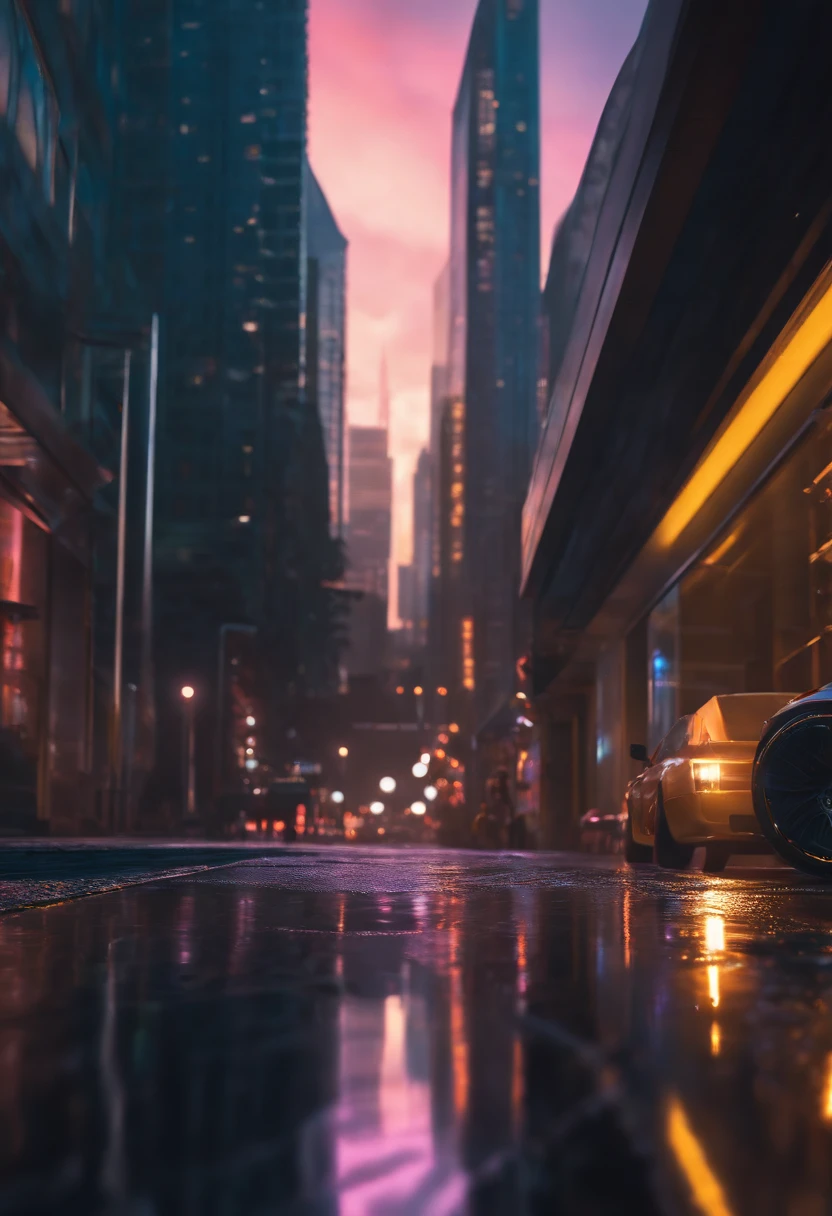 Wet reflective pavement, iridescent paint, highly detailed rims, glowing rims, View from the front, Futuristic city background, prime time, [Cyberpunk Night City:1.3], 8K DSLR, Sharp, tack sharp, Intricate details, Masterpiece, Golden ratio, Highest quality, hdr, Photorealistic, insane quality, Best quality, Extremely detailed, Highest detail, Highly detailed, Incredibly detailed, Detailed, Realistic, 8K  UHD, High quality