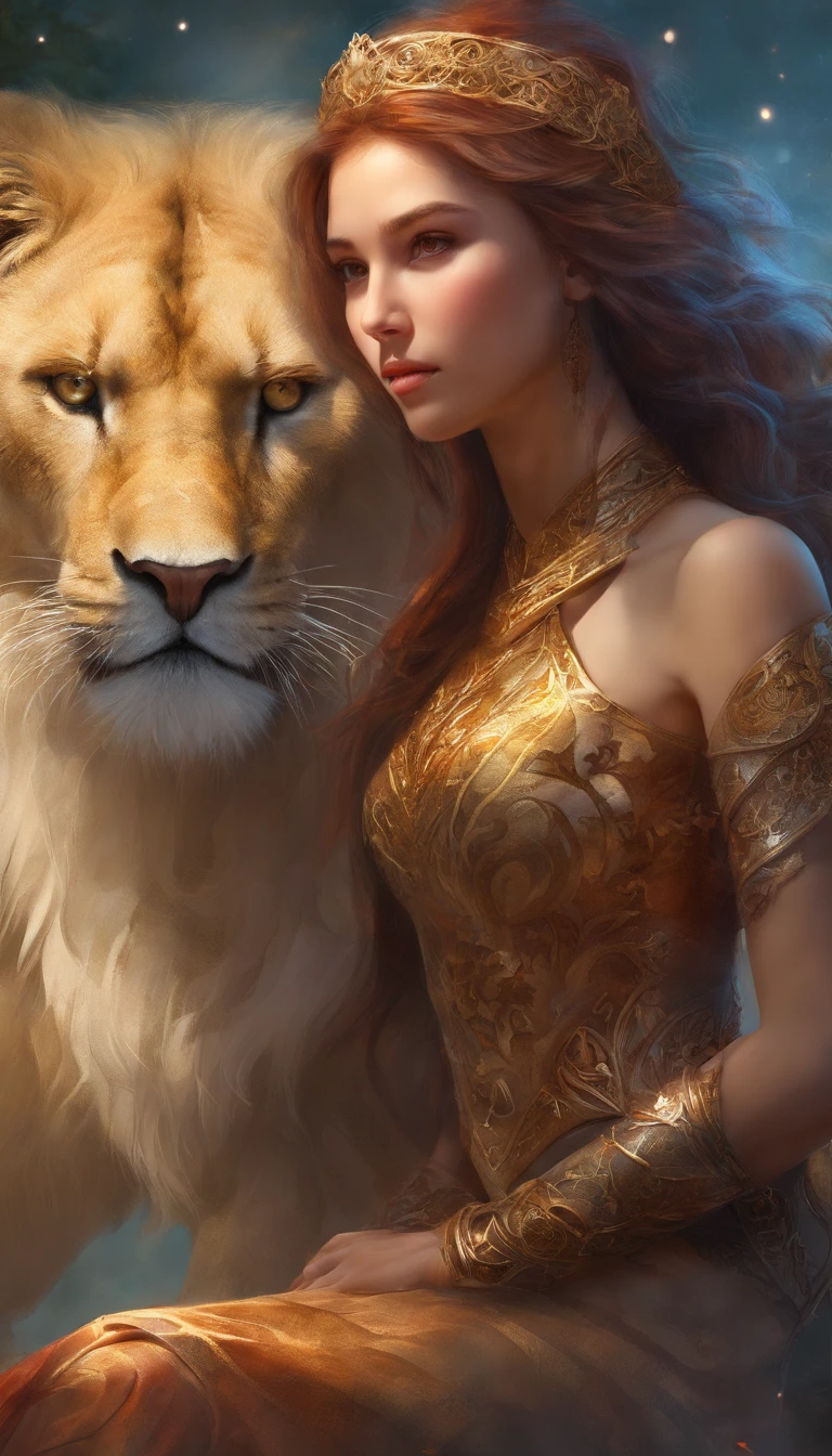 Super detailed beautiful girl, With the fierce lioness, Cinematic, Cinematic light, Realistic, 3D rendering of, Highly detailed face, Highly detailed, Realistic looks, Lifelike, Realistic girl, highly detailed hair, highly detailed surreal vfx,oc rendered,Shoot with 70 mm - AR