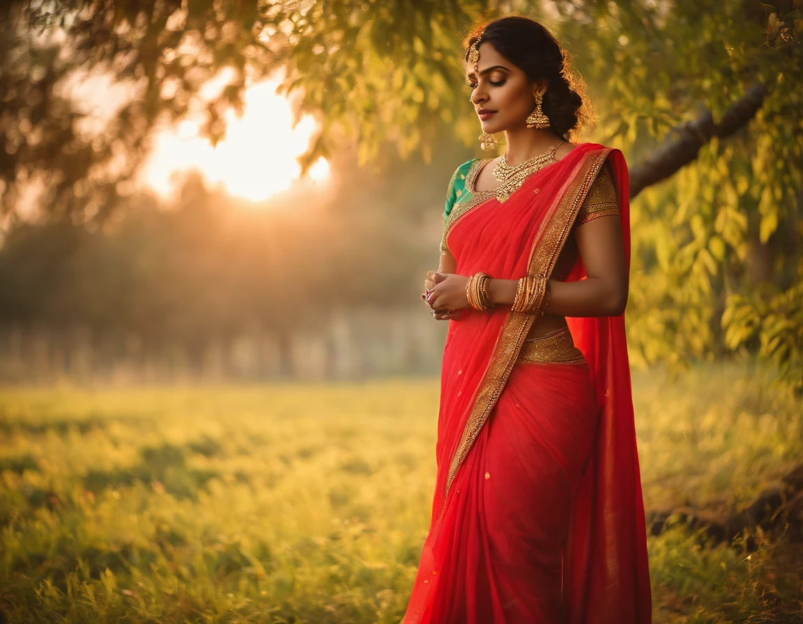 Beautiful saree with gajrey in hair, open eyes, background not blurred, sunlight scene, evening time, ultra 8K result, beautiful body, full body, full body view, ful body scene,