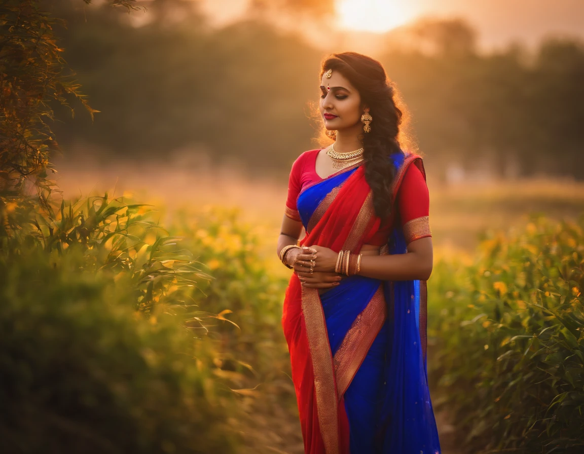 Beautiful saree with gajrey in hair, open eyes, background not blurred, sunlight scene, evening time, ultra 8K result, beautiful body, full body, full body view, ful body scene,