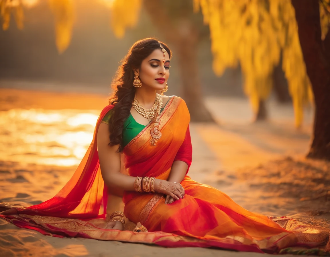 Beautiful saree with gajrey in hair, open eyes, background not blurred, sunlight scene, evening time, ultra 8K result, beautiful body, full body, full body view, ful body scene,