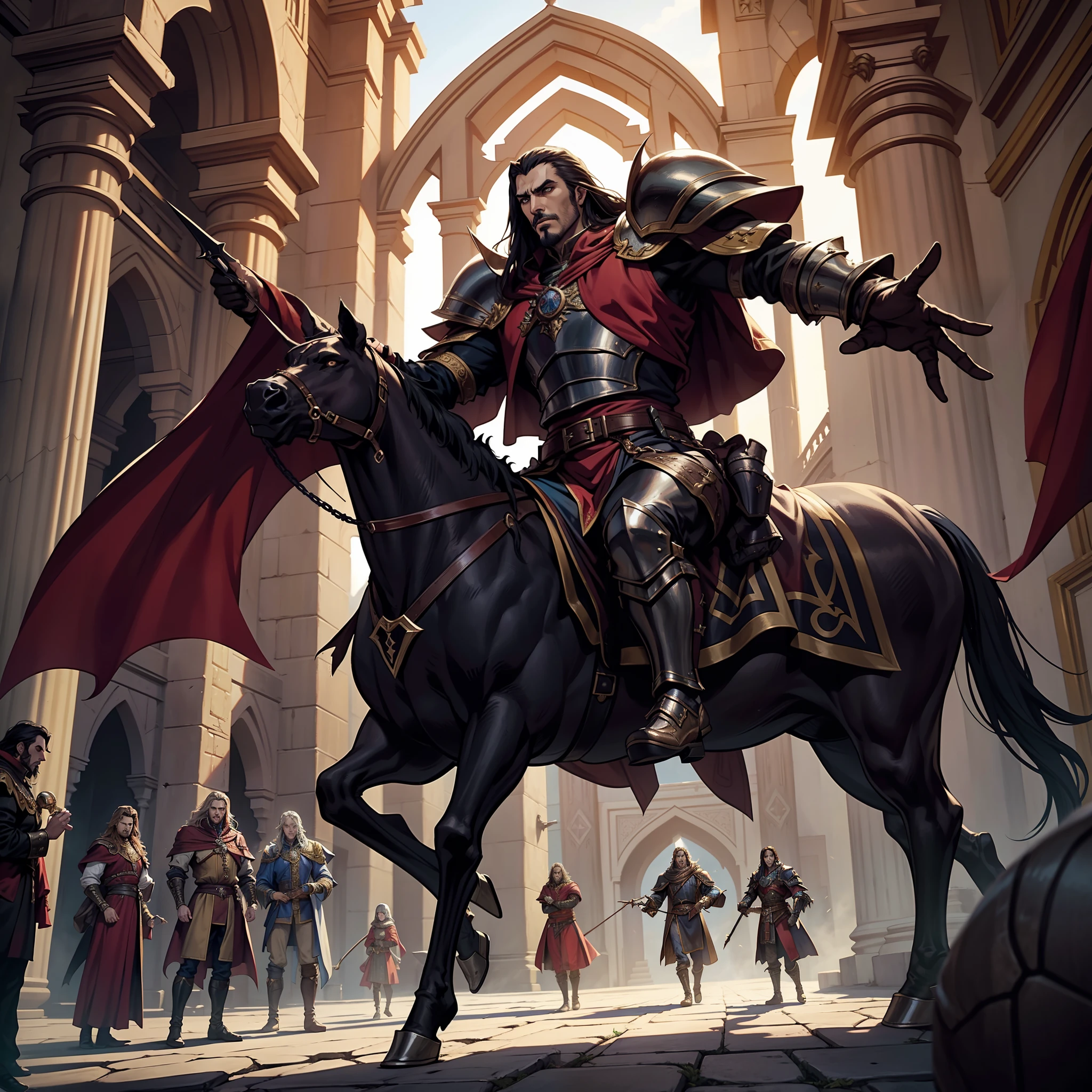 Castlevania Lord of the Shadows hyper realistic super detailed Dynamic shot masterpiece cinematic scene scenes movie Epic Legendary Lord Dracula consulting his people men wearing medieval Moroccan leather armor Wearing with demons surrounding him rising the Respect for him moroccan environment