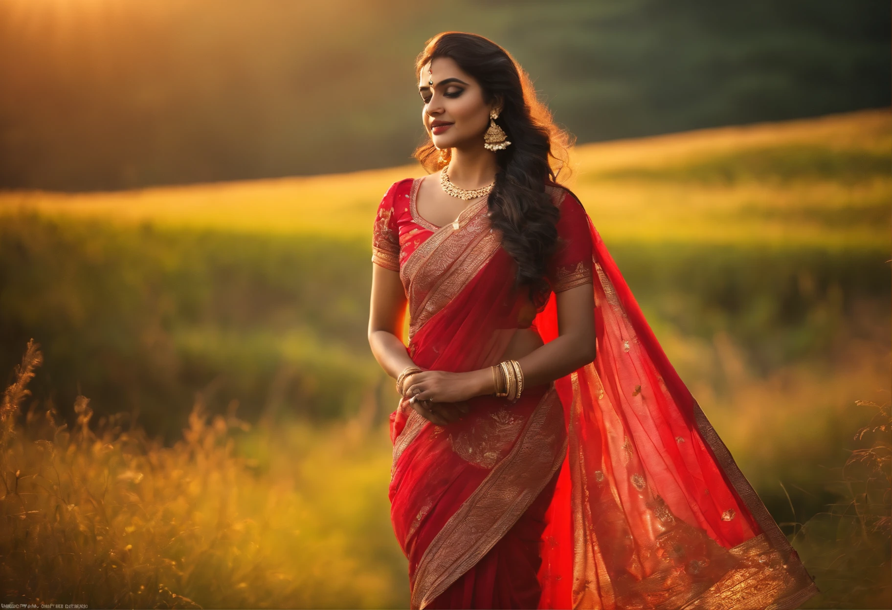 Beautiful saree with gajrey in hair, open eyes, background not blurred, sunlight scene, evening time, ultra 8K result, beautiful body, full body, full body view, ful body scene,