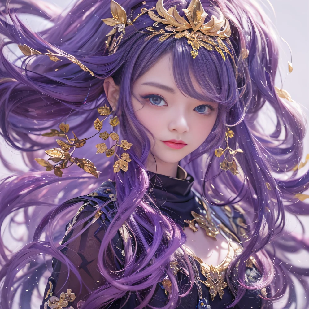 Genki Girl 32K(tmasterpiece,k hd,hyper HD,32K)Long flowing bright purple hair,Autumn Pond,zydink, a color, Asian people (Genki girl), (Silk scarf), Combat posture, looking at the ground, long whitr hair, Floating bright purple, Fire cloud pattern gold tiara, Chinese long-sleeved gold silk garment, (Abstract metaverse splash:1.2), white backgrounid,Lotus vitality protector(realisticlying:1.4),Bright purple hair,Smoke on the road,The background is pure, A high resolution, the detail, RAW photogr, Sharp Re, Nikon D850 Film Stock Photo by Jefferies Lee 4 Kodak Portra 400 Camera F1.6 shots, Rich colors, ultra-realistic vivid textures, Dramatic lighting, Unreal Engine Art Station Trend, cinestir 800,A girl with long flowing bright purple hair