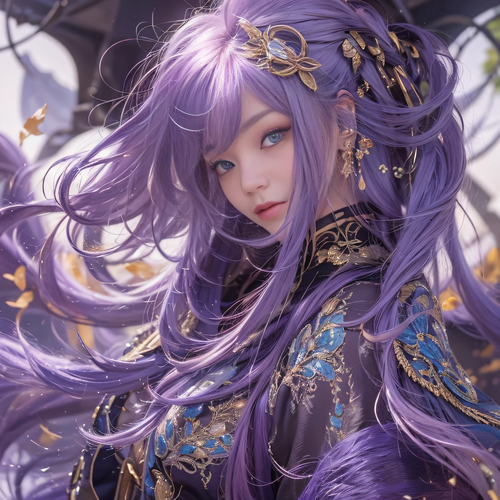 Genki Girl 32K（tmasterpiece，k hd，hyper HD，32K）Long flowing bright purple hair，Autumn Pond，zydink， a color，  Asian people （Genki girl）， （Silk scarf）， Combat posture， looking at the ground， long whitr hair， Floating bright purple， Fire cloud pattern gold tiara， Chinese long-sleeved gold silk garment， （Abstract metaverse splash：1.2）， white backgrounid，Lotus vitality protector（realisticlying：1.4），Bright purple hair，Smoke on the road，The background is pure， A high resolution， the detail， RAW photogr， Sharp Re， Nikon D850 Film Stock Photo by Jefferies Lee 4 Kodak Portra 400 Camera F1.6 shots, Rich colors, ultra-realistic vivid textures, Dramatic lighting, Unreal Engine Art Station Trend, cinestir 800，A girl with long flowing bright purple hair