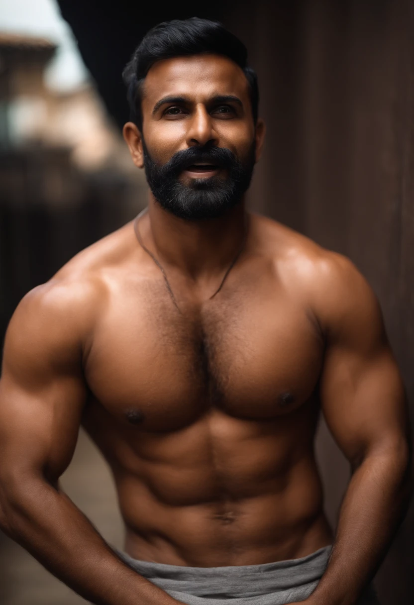 indian man, naked, full body, beefcake, hairy, erection, open mouth, tongue sticking out, short hair, middle aged, short beard