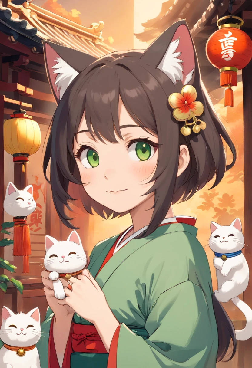 A character that combines the characteristics of a beckoning cat and a cat。Maneki-neko is usually、Because I am making a gesture that invites happiness with one hand.、Let's incorporate this pose into the cat。Like a beckoning cat、Pose with one hand raised and palm facing forward,、Big smile、Items that bring good luck usually、Maneki cat is gold or red、Although it is based on white、In accordance with the culture of Aso, the ear color is green designs: Incorporating Mt. Aso's ears into cats' ears。To make the shape of the ears resemble Mount Aso、Get creative with your design。 Draw your character's design in detail。Ear shape and pose、Facial expressions are devised to enhance the characteristics of the character
