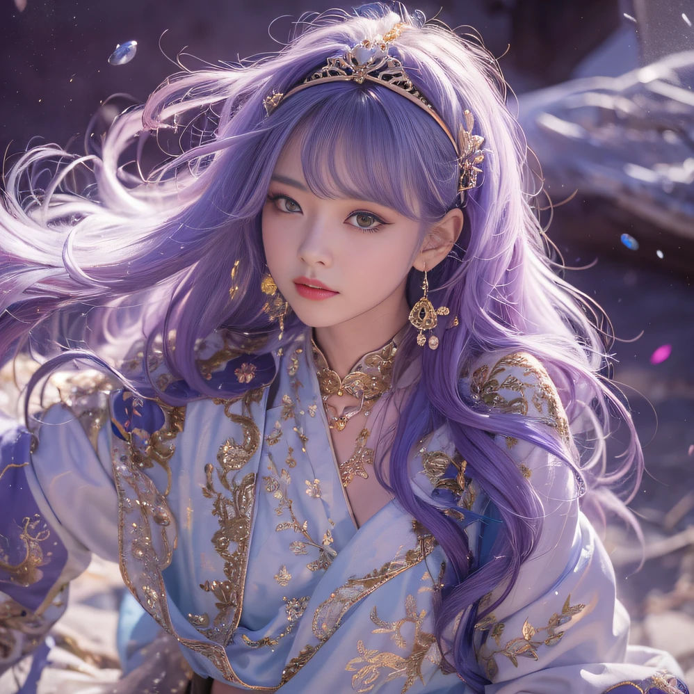 Genki Girl 32K(tmasterpiece,k hd,hyper HD,32K)Long flowing bright purple hair,Autumn Pond,zydink, a color, Asian people (Genki girl), (Silk scarf), Combat posture, looking at the ground, long whitr hair, Floating bright purple, Fire cloud pattern gold tiara, Chinese long-sleeved gold silk garment, (Abstract metaverse splash:1.2), white backgrounid,Lotus vitality protector(realisticlying:1.4),Bright purple hair,Smoke on the road,The background is pure, A high resolution, the detail, RAW photogr, Sharp Re, Nikon D850 Film Stock Photo by Jefferies Lee 4 Kodak Portra 400 Camera F1.6 shots, Rich colors, ultra-realistic vivid textures, Dramatic lighting, Unreal Engine Art Station Trend, cinestir 800,A girl with long flowing bright purple hair