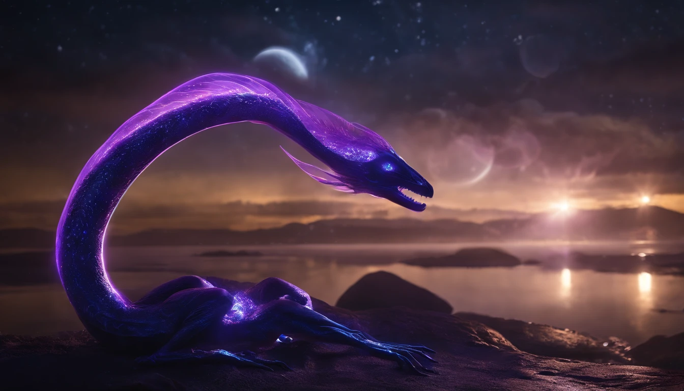 Transparent ethereal alien creatures,Glows blue-purple light,Glow effects,the night,中景 the scene is,Full body like, highly detailed surreal vfx,oc rendered,Shoot with 70 mm - AR