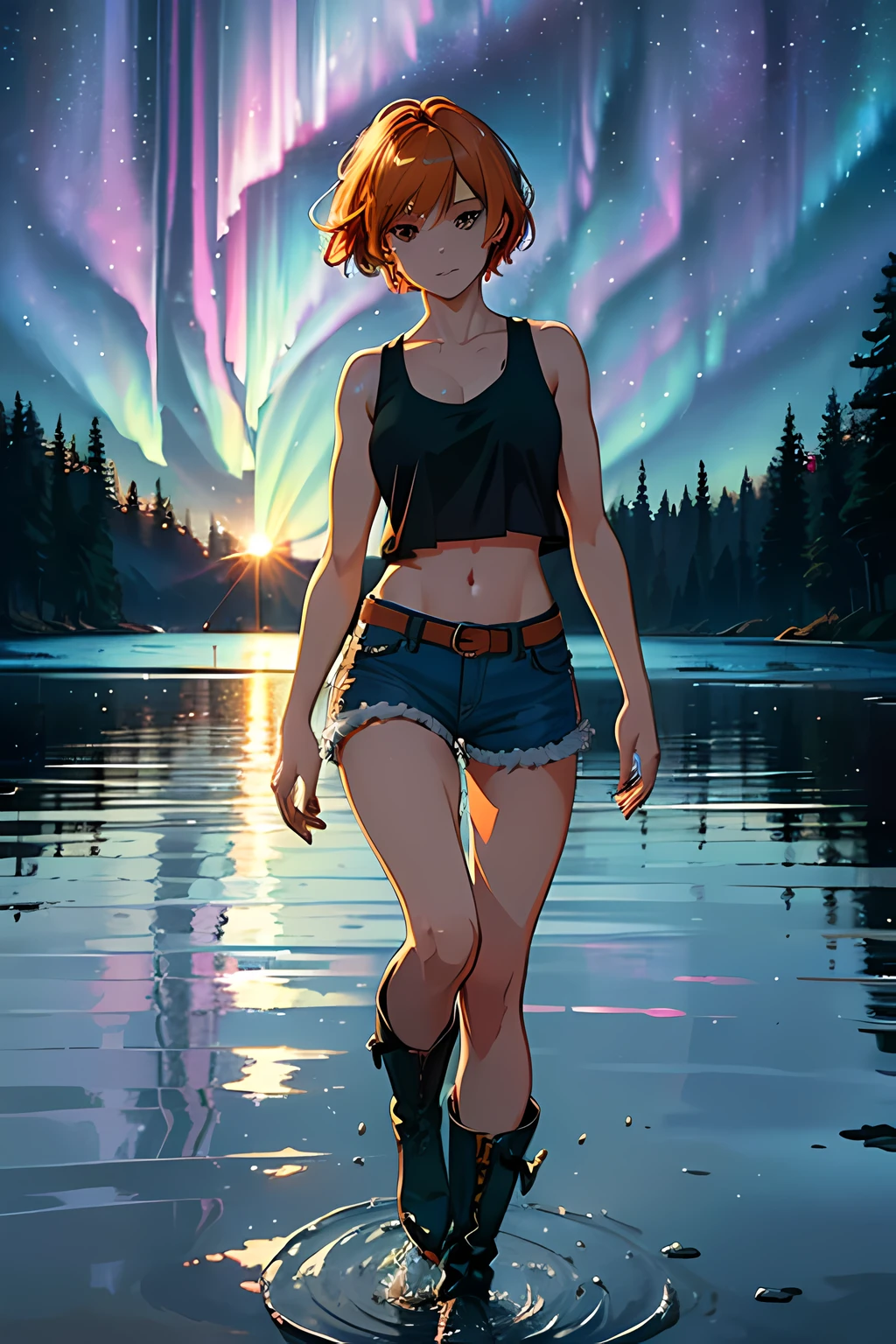 1girl, short hair, orange hair, green tanktop, cutout above navel, blue denim shorts, black belt, brown boots, arms at sides, Walking slowly on the water, head tilt, light smile, light rays, (high contrast), (Colorful aurora),(lake), lighting, (clear sky), night,stars, moon,forest, (detailed clear water-drop:1.1)