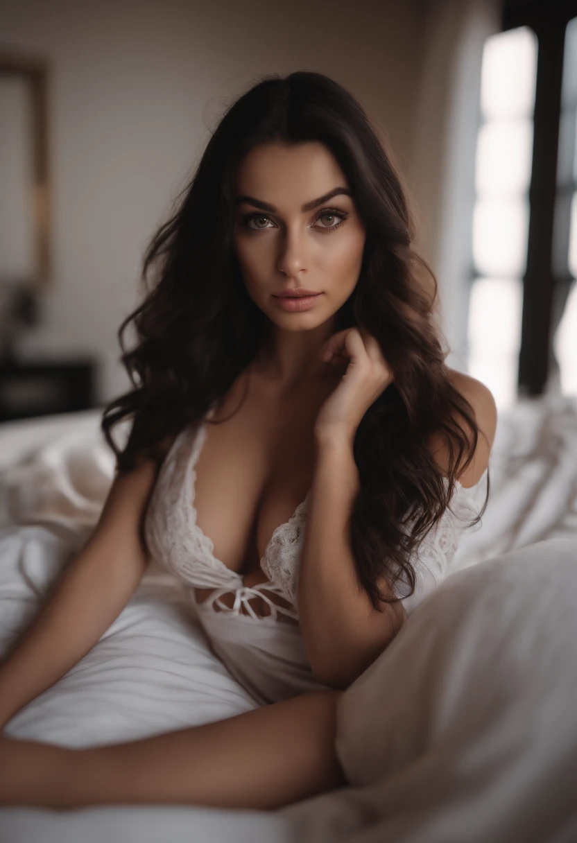 arafed woman with small bikini, sexy girl with brown eyes, big tits and boobs, portrait sophie mudd, black hair and large eyes, selfie of a young woman, bedroom eyes, violet myers, without makeup, natural makeup, looking directly at the camera, face with artgram, subtle makeup, stunning full body shot, at the beach , cleavage , on the bed , large tits , large boobs