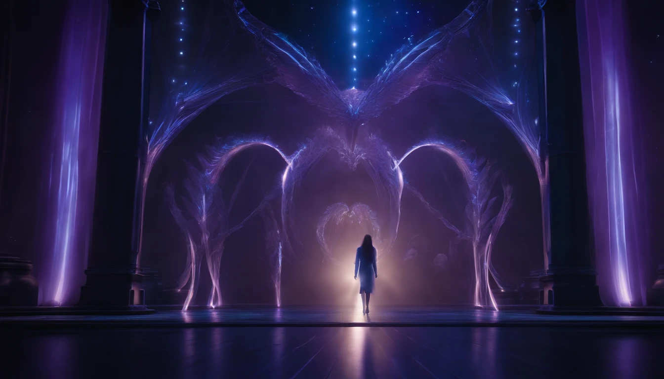 Transparent ethereal alien creatures，Glows blue-purple light，Glow effects，the night，中景 the scene is，Full body like， highly detailed surreal vfx，oc rendered，Shoot with 70 mm - AR
