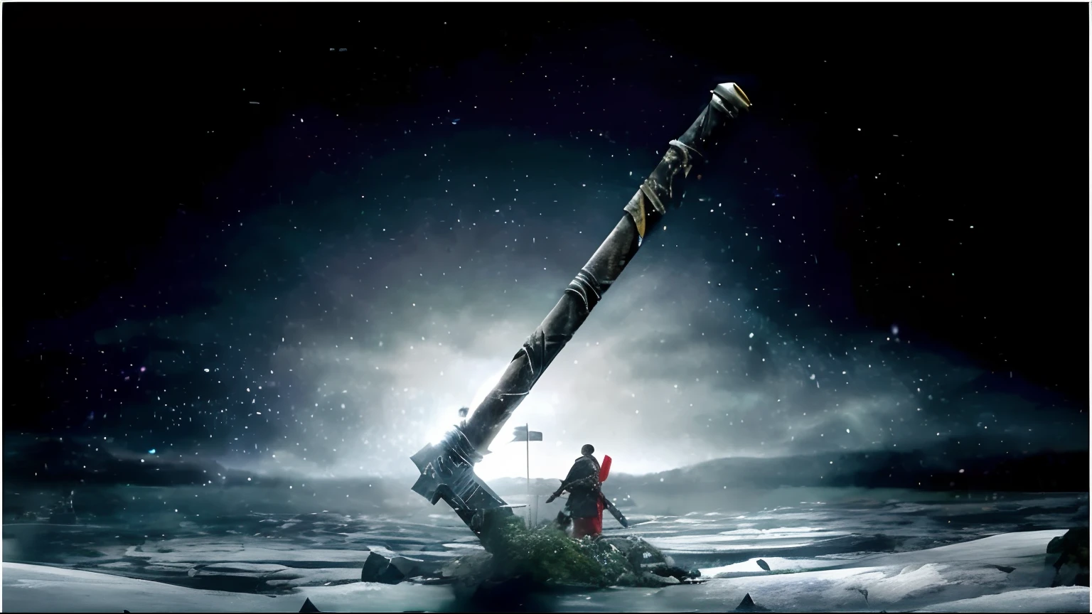arafed image of a giant hammer stuck in the snow, thors hammer, sword and wand – water, sword stuck in a pond island, wallpaper - 1 0 2 4, a sword stuck in the ground, the spear of odin, hd wallpaper, viking and templar aesthetics, wallpaper hd, film still from god of war, extremely epic, mjolnir