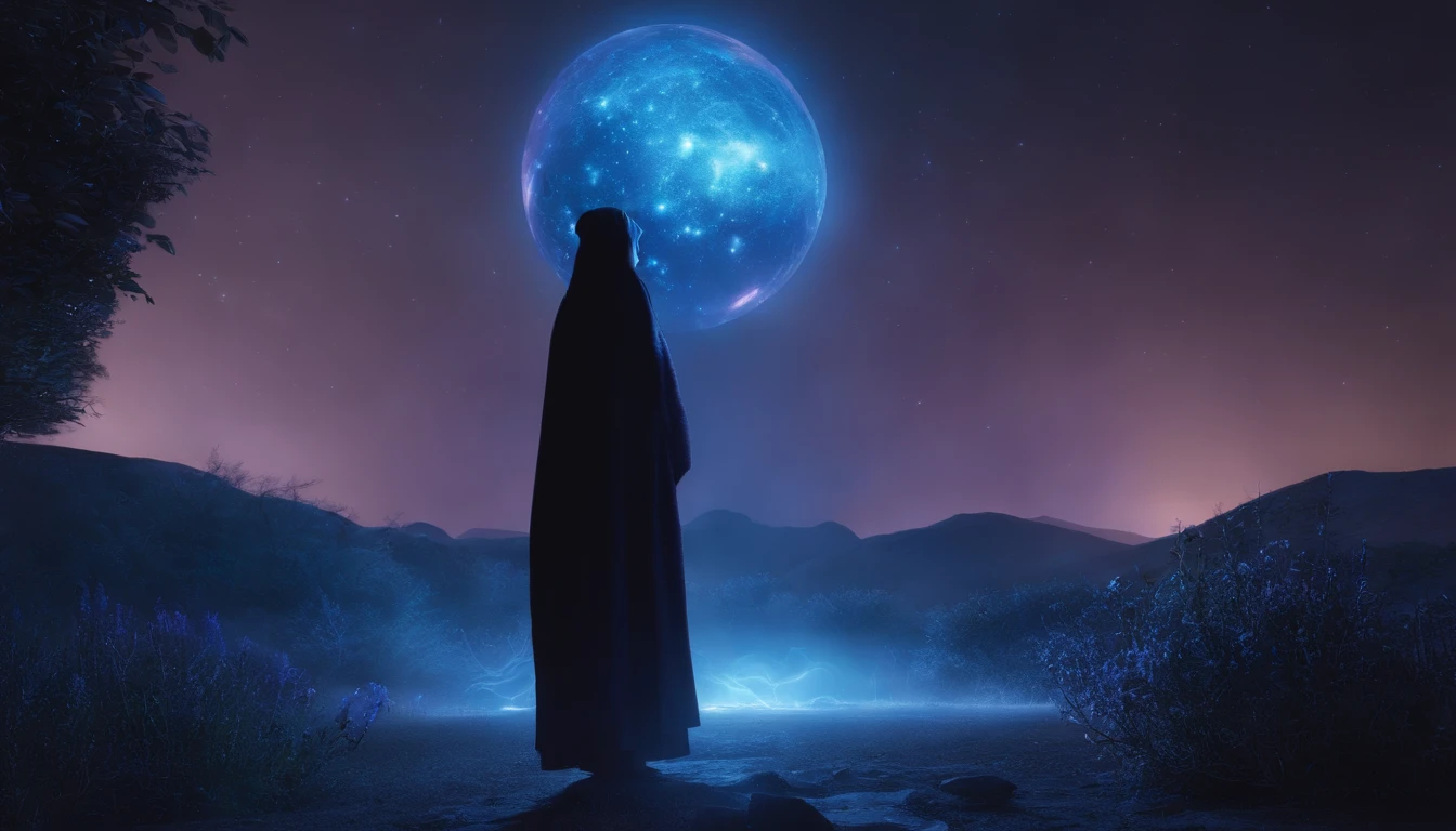 Transparent ethereal alien creatures,Glows blue-purple light,Glow effects,the night,中景 the scene is,Full body like, highly detailed surreal vfx,oc rendered,Shoot with 70 mm - AR