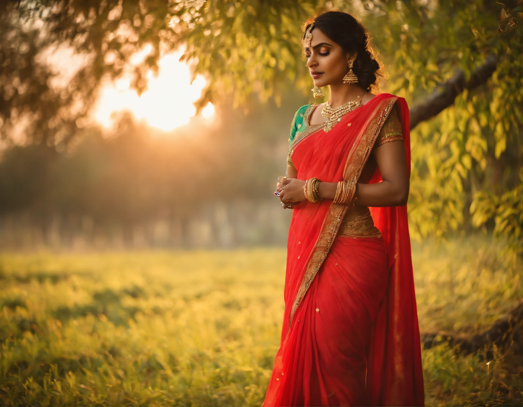 Beautiful saree with gajrey in hair, open eyes, background not blurred, sunlight scene, evening time, ultra 8K result, beautiful body, full body, full body view, ful body scene,