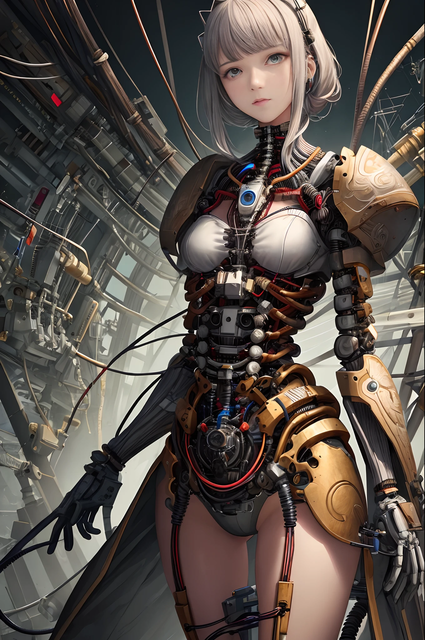 (((masterpiece))), (((best quality))), ((ultra-detailed)), (highly detailed CG illustration), ((an extremely delicate and beautiful)),cinematic light,((1mechanical girl)),solo,(cowboy shot:1.2),(machine made joints:1.2),((machanical limbs)),(blood vessels connected to tubes),(mechanical vertebra attaching to back),((mechanical cervial attaching to neck)),expressionless,(wires and cables attaching to neck:1.2),(wires and cables on head:1.2),(character focus),science fiction,extreme detailed,colorful,highest detailed, loongs,fengs,background,