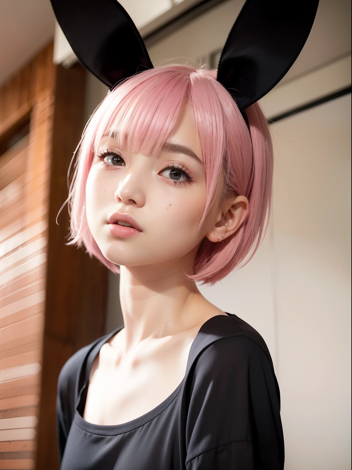 Back alleys in Tokyo、a black T-shirt、shortpants、Pink hair、Realistic rabbit ears、rabbit ears pink hair sticking out of the head,,,,、smil、Bewitching atmosphere、Beautiful shaped hands、K-POP、Pink rabbit ears、1 girl in、独奏、​masterpiece、top-quality、realisitic、Hyper-detailing、(Glossy skin:1.4)、absurderes、short pink hair、Slender beauties、动态照明、hight resolution、foco nítido、depth of fields、(thick thight:1.0)、A slender :1.2、small tits:1.5、((Short-cut bob hair))、((k pop:1.3))、Highly detailed facial and skin texture、((魅惑的))、Anatomically correct number of fingers、Correct anatomy、Angle from below