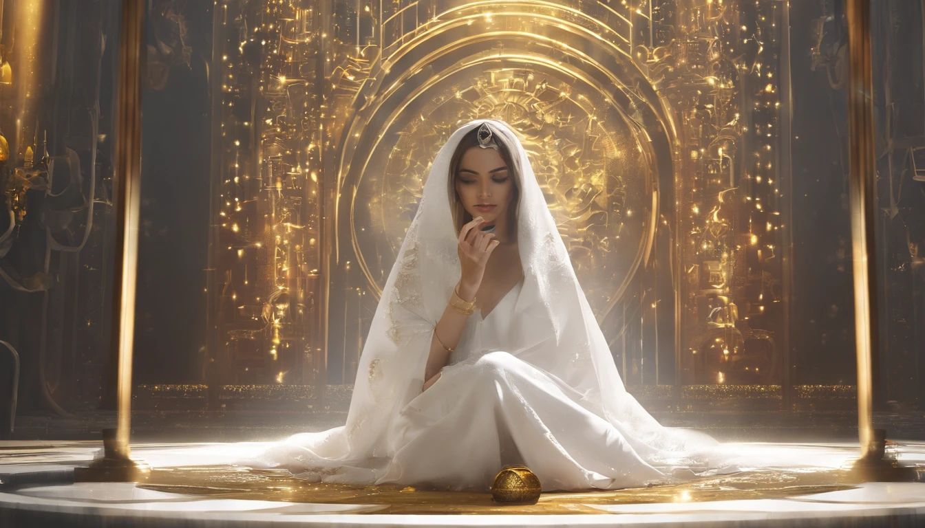 Beautiful woman in white veil holding a magic ball, Sophisticated costume with exquisite gilded ornament, Perfect hands, Perfect hand fingers, Closed eyes, Glossy, Magic portal Magic rings in the background, Gold coins glittering, Dust particles, Detail the whole scene, Beautiful, Professional photo, High fashion, Aesthetic, Realistic, 4K, Soft lighting, High resolution, Focus the whole scene, Shine, Sharpness, High Detail