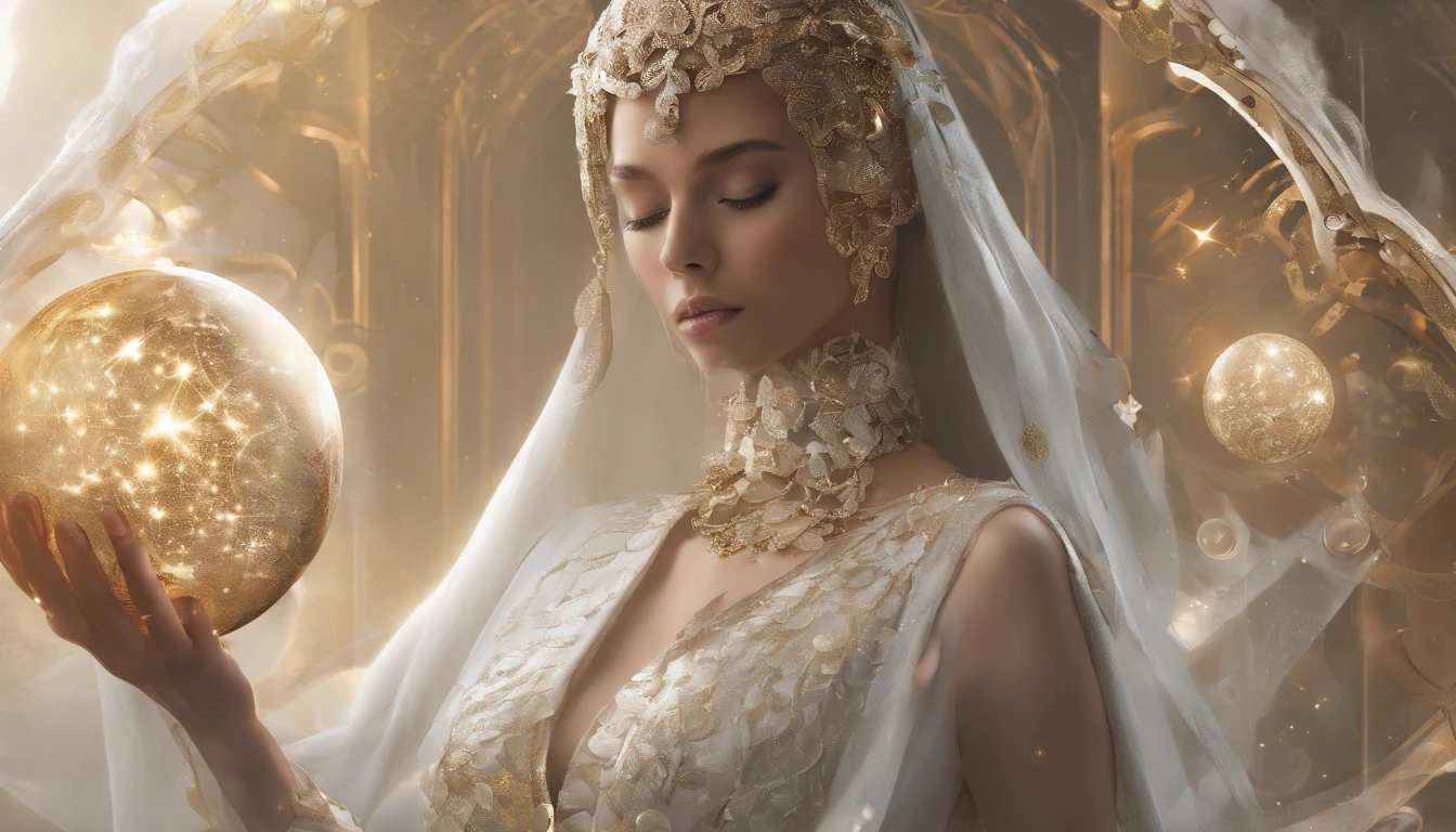 Beautiful woman in white veil holding a magic ball, Sophisticated costume with exquisite gilded ornament, Perfect hands, Perfect hand fingers, Closed eyes, Glossy, Magic portal Magic rings in the background, Gold coins glittering, Dust particles, Detail the whole scene, Beautiful, Professional photo, High fashion, Aesthetic, Realistic, 4K, Soft lighting, High resolution, Focus the whole scene, Shine, Sharpness, High Detail