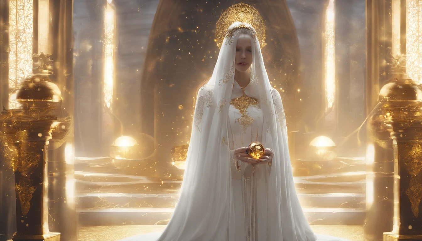 Beautiful woman in white veil holding a magic ball, Sophisticated costume with exquisite gilded ornament, Perfect hands, Perfect hand fingers, Closed eyes, Glossy, Magic portal Magic rings in the background, Gold coins glittering, Dust particles, Detail the whole scene, Beautiful, Professional photo, High fashion, Aesthetic, Realistic, 4K, Soft lighting, High resolution, Focus the whole scene, Shine, Sharpness, High Detail