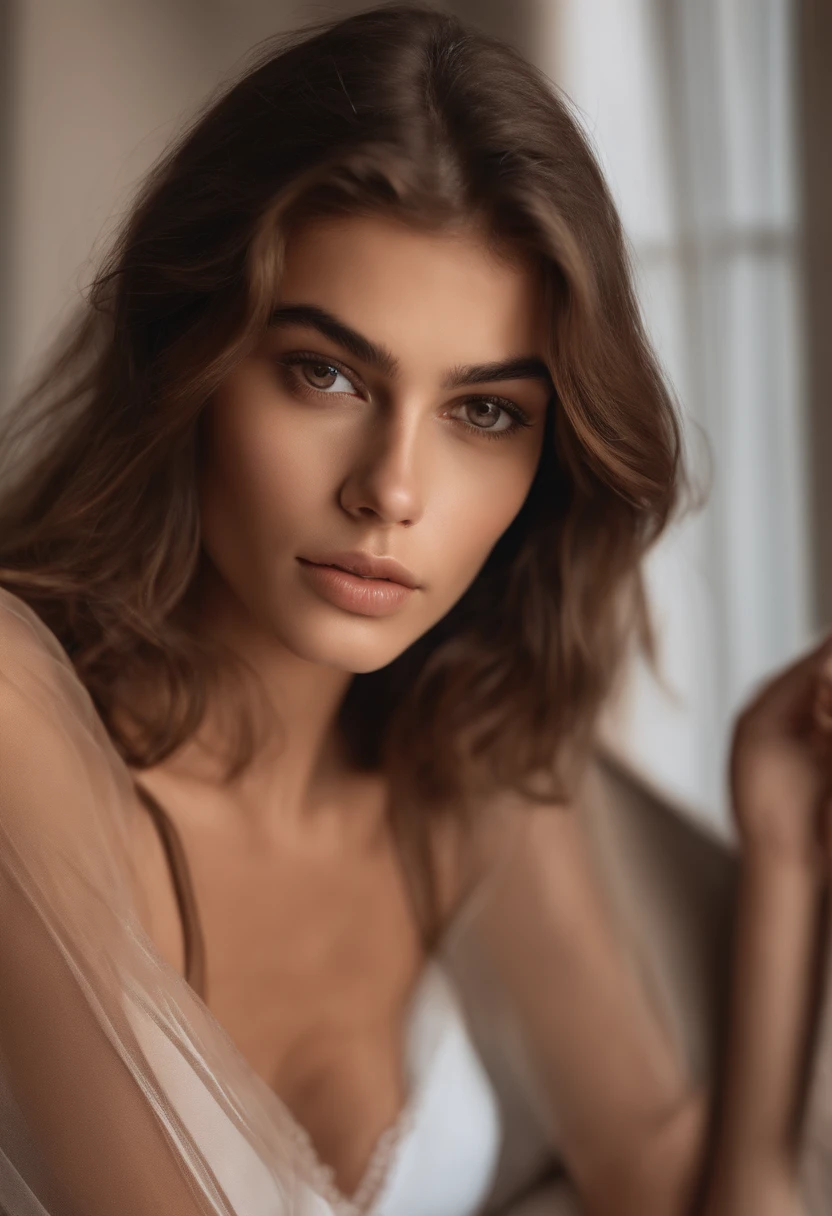 Arafed woman in a transparent T-shirt and thong, Sexy girl with brown eyes, Portrait of Kaia Gerber , brown hair and large eyes, selfie of a young woman, Eyes Bedroom , no makeup, natural makeup, looking straight at camera, face with artgram, fine makeup, Stunning full-length shot, in bedroom, cleavage
