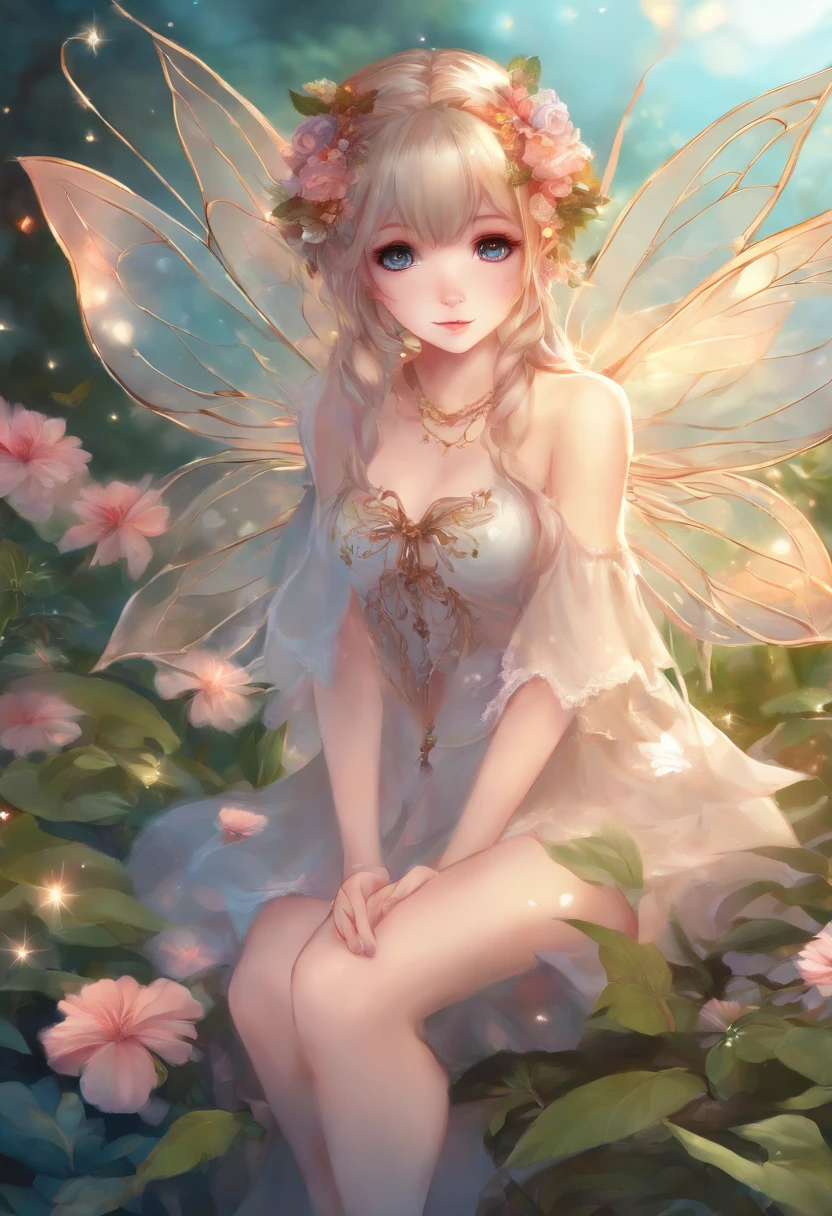 (highest quality, masterpiece, Super detailed, very detailed, exquisite, 16k,Full HD),dramatic lighting, warm lighting, soft lighting, environmental lighting, ((only one person:1.5)),From the side, From above,((head shot)),Wake up,large amount of flowers,The entire screen is surrounded by flowers,in the forest,(Crystal Forest),(fairy princess, purple eyes, long eyelashes,white skin,slim,Pale pink lip,light pink cheek, blonde,thin and long,(thin and high nose,small nose),(腰の少しFrom above巨大な妖精の羽),diamond tiara,diamond earrings,Diamond Choker,white ball gown dress with diamonds, lace and ruffles,(laughter), (fantasy, romantic atmosphere), magic light,