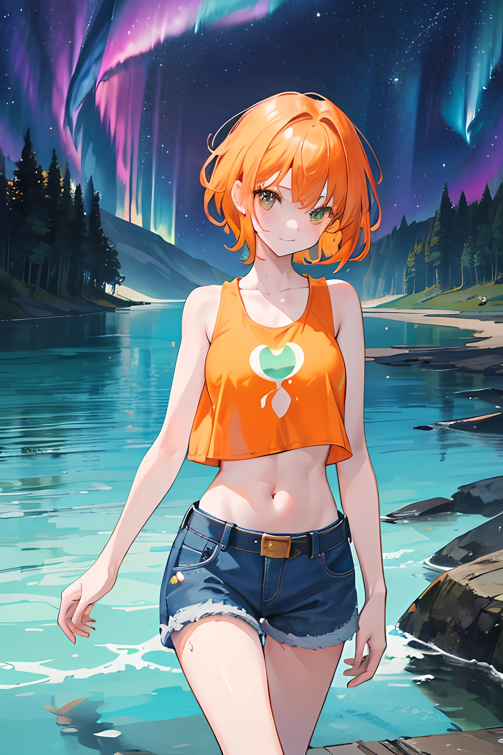 1girl, short hair, orange hair, green tanktop, cutout above navel, blue denim shorts, black belt, brown boots, arms at sides, Walking slowly on the water, head tilt, light smile, light rays, (high contrast), (Colorful aurora),(lake), lighting, (clear sky), night,stars, moon,forest, (detailed clear water-drop:1.1)