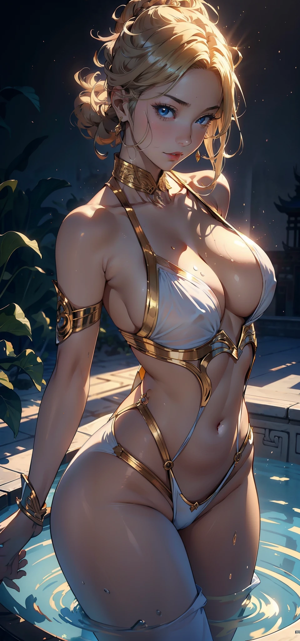 1female,35yo,A MILF,plumw,extremely large bosom, 独奏,(Background with:A desert,lotus flower,pools of water) She has very short blonde hair,bobo head,Stand on the plane,,seen from the front, hair straight, mostly cloudy sky,(((tmasterpiece),(Very detailed CG unity 8K wallpaper),best qualtiy,cinmatic lighting,detailed back ground,beatiful detailed eyes,Bright pupils,Blue eyes,(Very fine and beautiful),(Beautiful and detailed eye description),ultra - detailed,tmasterpiece,)),facing at camera,A high resolution,ultra - detailed),revealing breasts,Bare genitalia, Bulge,legs are open,Raised sexy,Camel toes,Flushed complexion,Desire for dissatisfaction,frontage,Gorgeous woman,Gold Saint Seiya(Wearing:White transparent pantyhose,Bare breasts)Ancient Chinese style