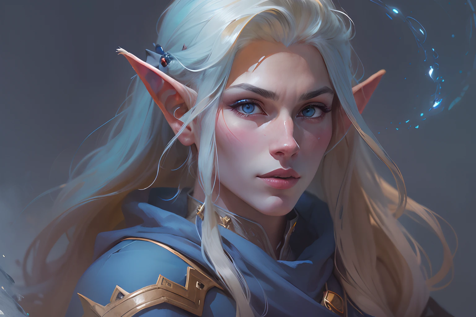 elf mage portrait, by alan m smith, in the style of light blue and dark indigo, gigantic scale, handsome, adventurecore, die brücke, white and amber